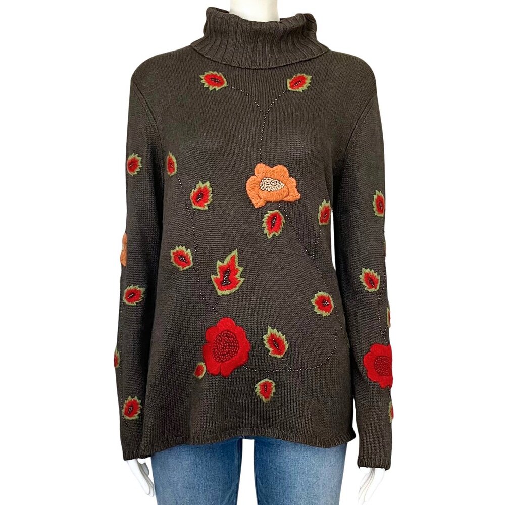 Vintage 90s Silk Cashmere Carlisle Sweater Olive Green Floral Embroidered S/M